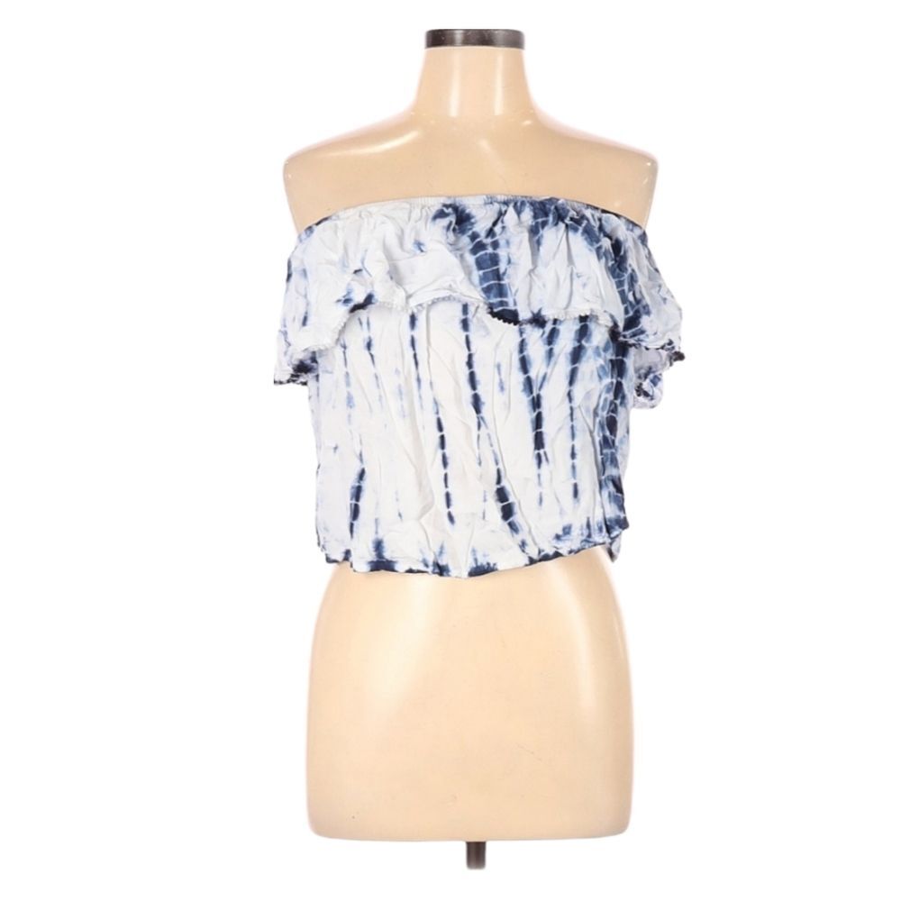 Style Envy Sleeveless Blouse Size L Blue White Tie‎ Dye Semi-Cropped Boho Ruffle